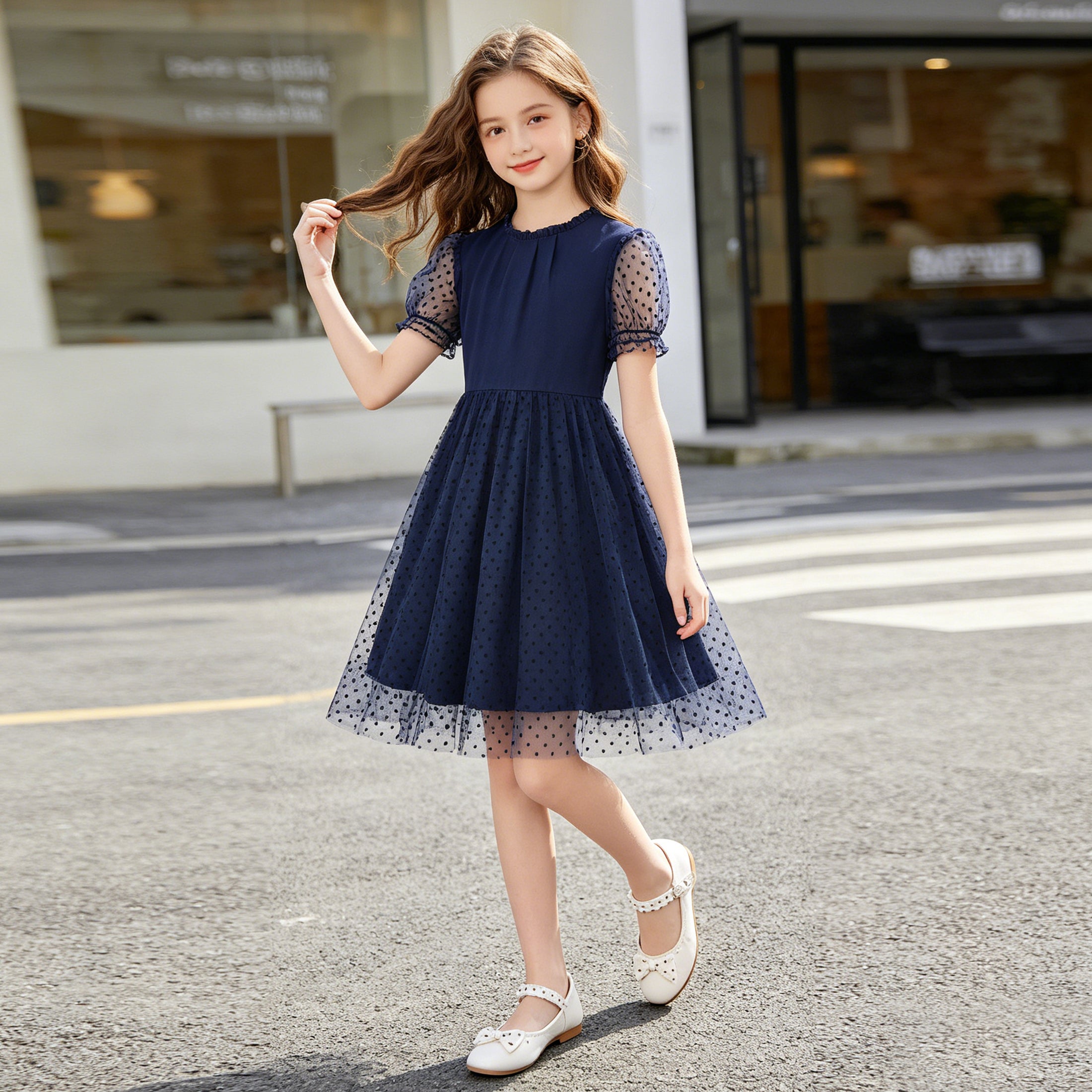 Rolanko Girls Contrast Mesh Ruffle Crew Neck Elegant Flower Wedding Prom Summer Dress