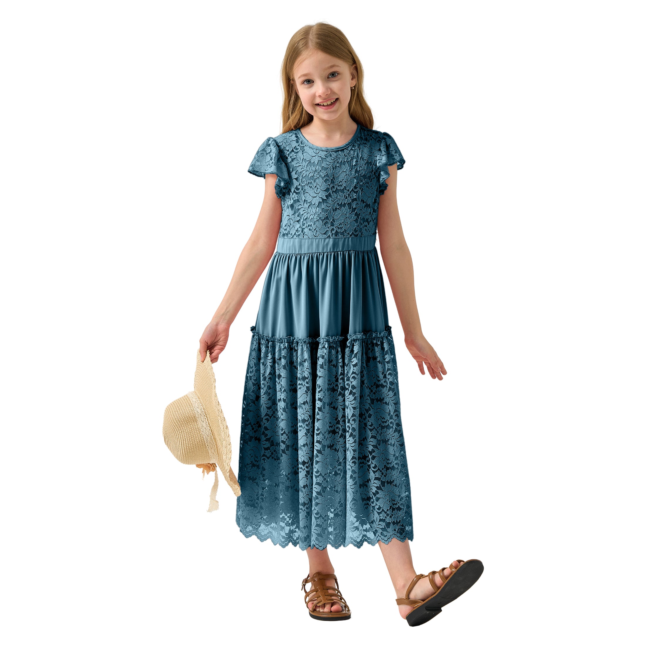 Rolanko Girls Boho Lace Ruffle Sleeve Tiered Flower Maxi Dress with Lining