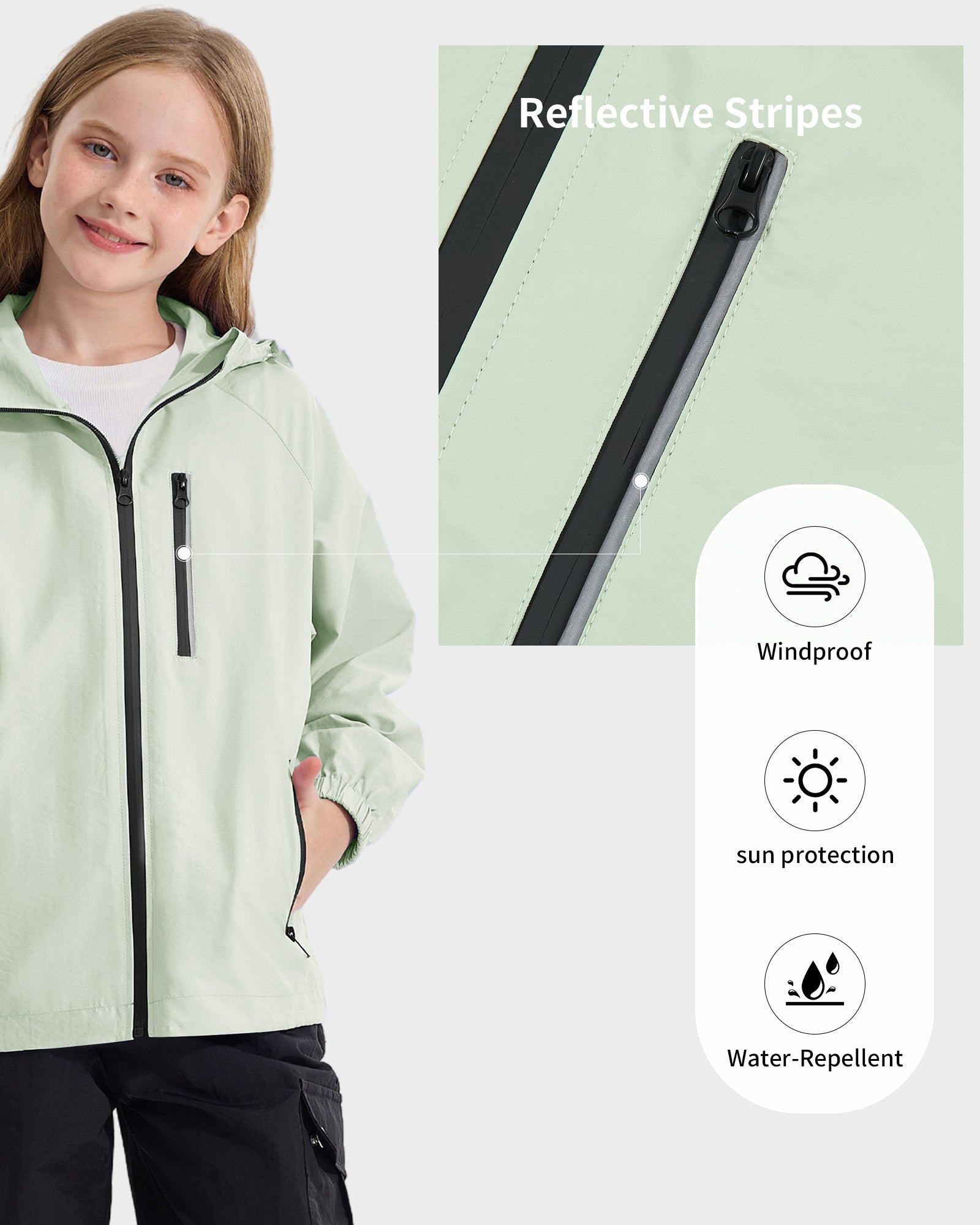 Girls' Solid Colour Windproof Jacket with Reflective Stripes