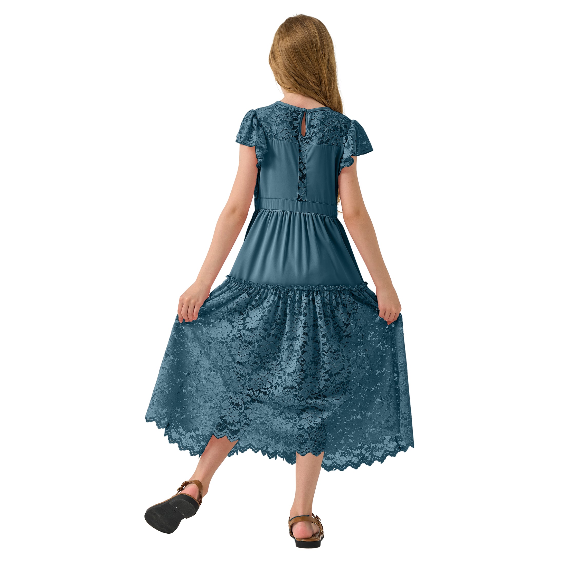 Rolanko Girls Boho Lace Ruffle Sleeve Tiered Flower Maxi Dress with Lining
