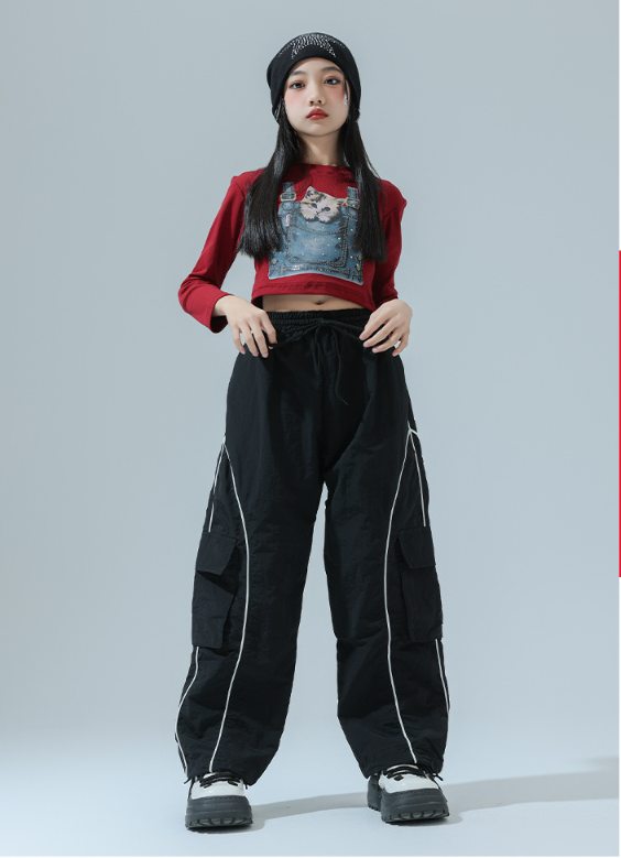 Girl's Black Reflective Strip Outdoor Dance Cargo Pants