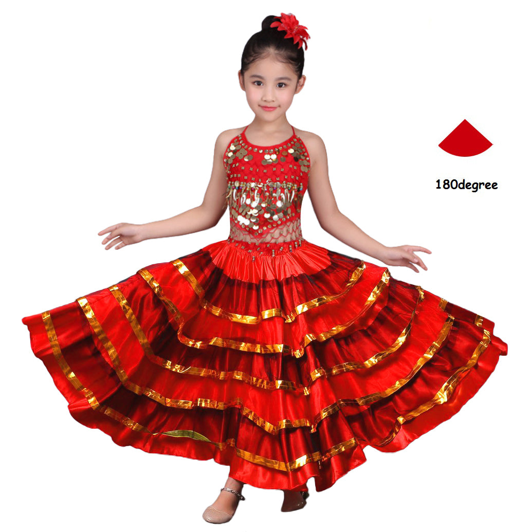 Girls Spanish Flamenco Skirt Gypsy Belly Dancer Performance Costume Set