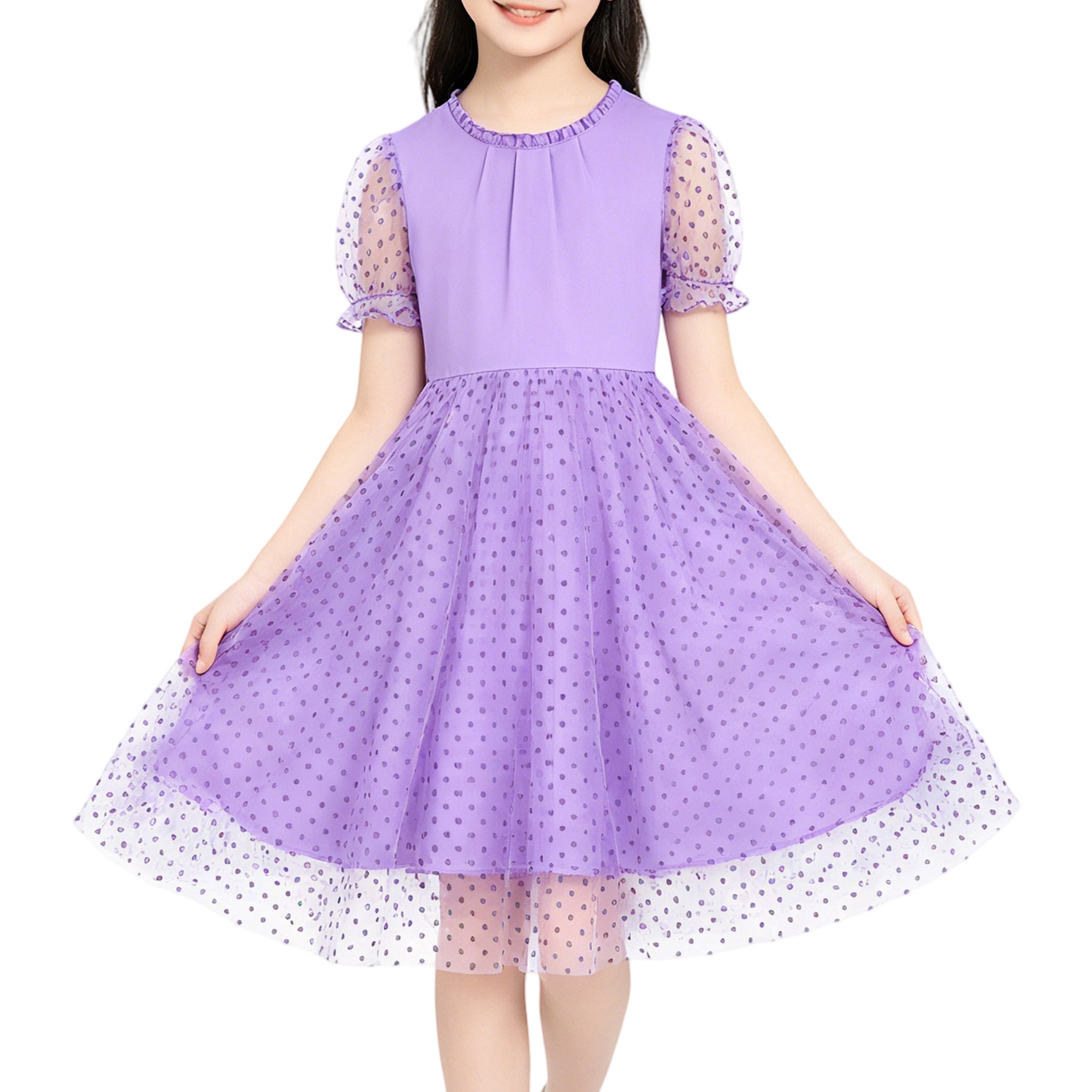 Rolanko Girls Contrast Mesh Ruffle Crew Neck Elegant Flower Wedding Prom Summer Dress
