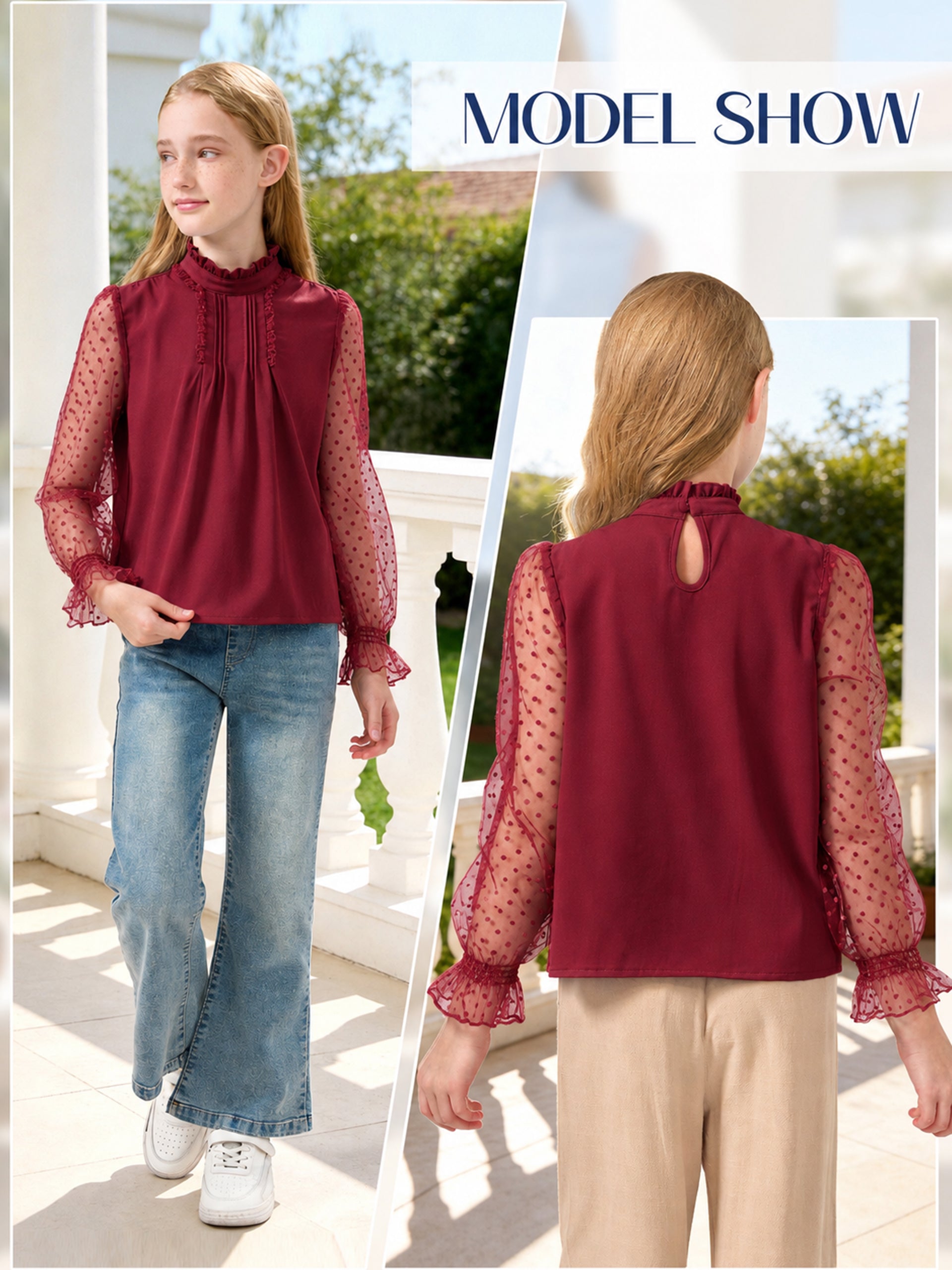 Girls Long Sleeve Shirts Chiffon Blouses with Polka Dot
