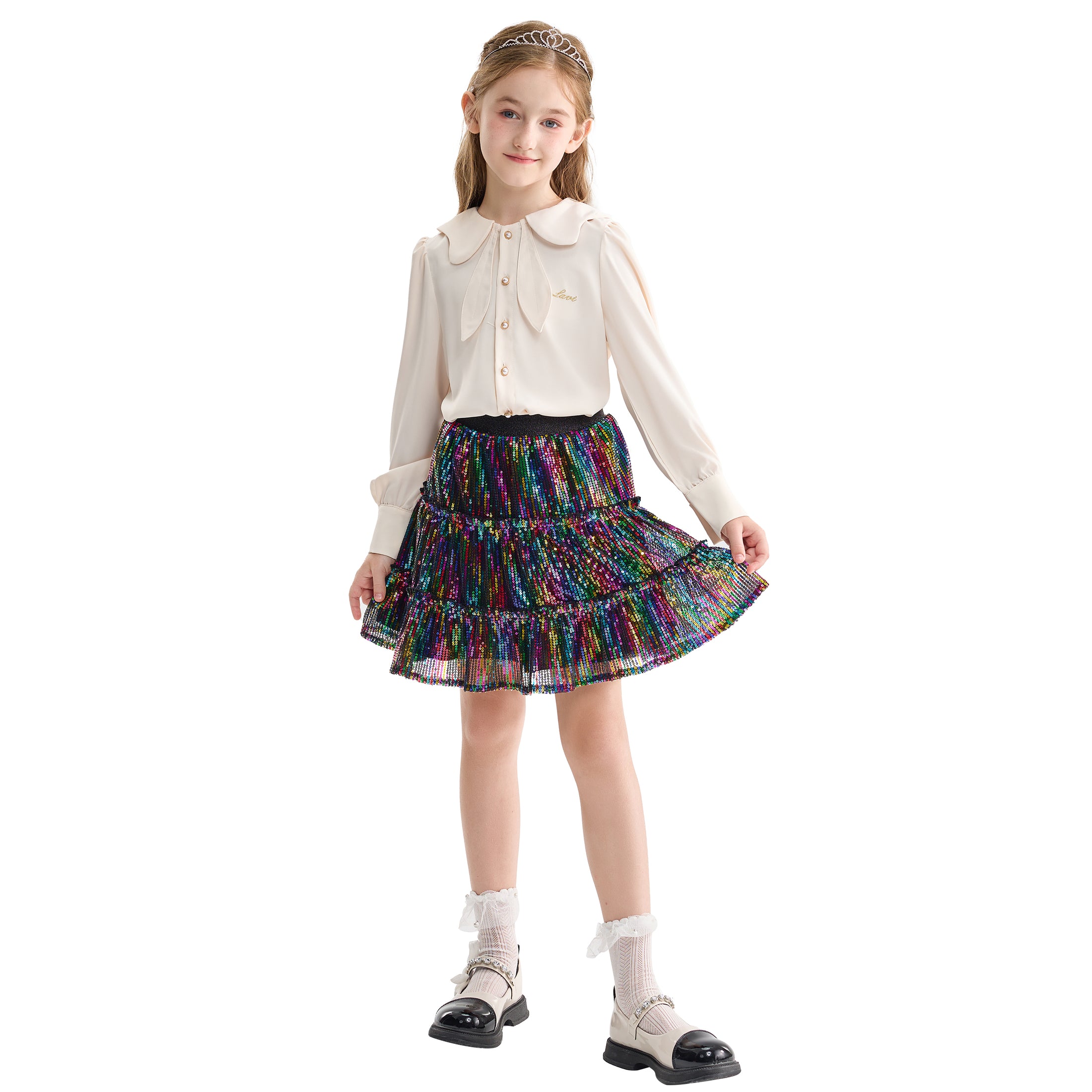 Rolanko Girls Sequin Sparkly Elastic Waist Summer Pleated Tulle Flowy Ruffle Skirts