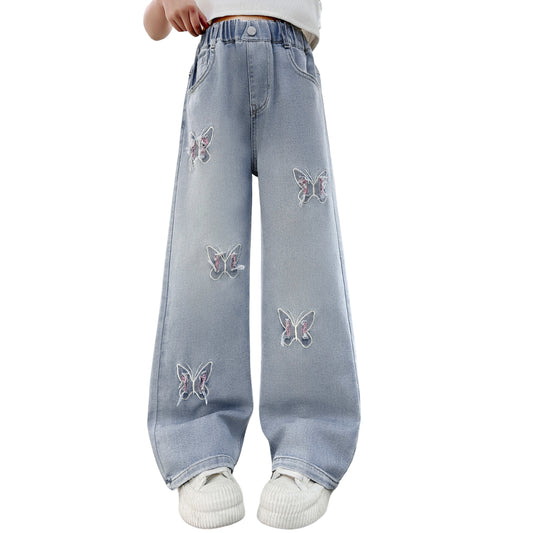 Rolanko Girls Pink Butterfly Embroidery Jeans