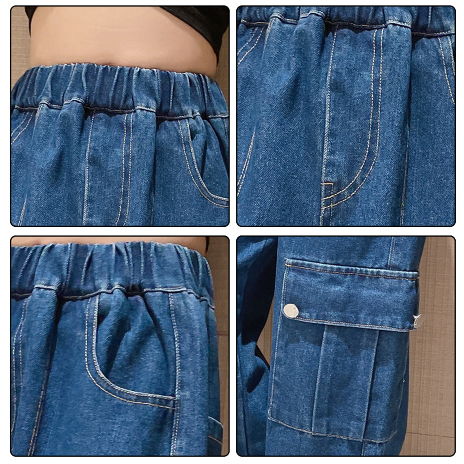 Girls Blue Denim Baggy Cargo Pants