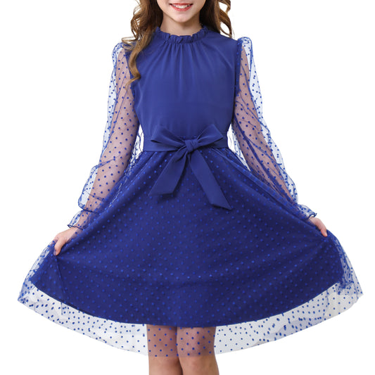 Rolanko Girls Contrast Mesh Puff Long Sleeve A-Line Dress with Belt