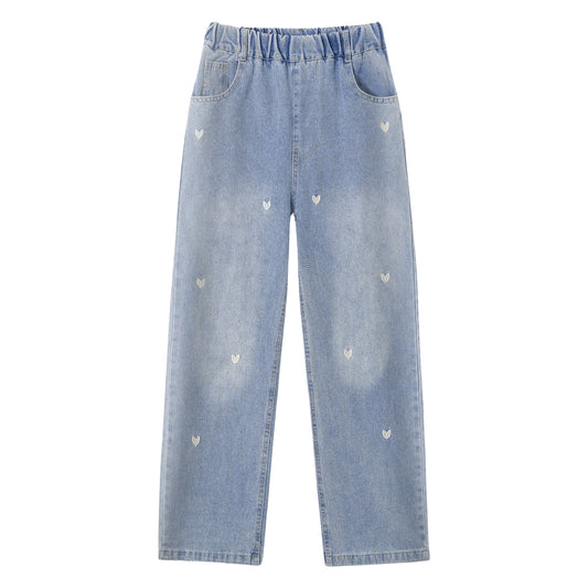 Girls All-Over Heart Embroidered Wide Leg Jeans