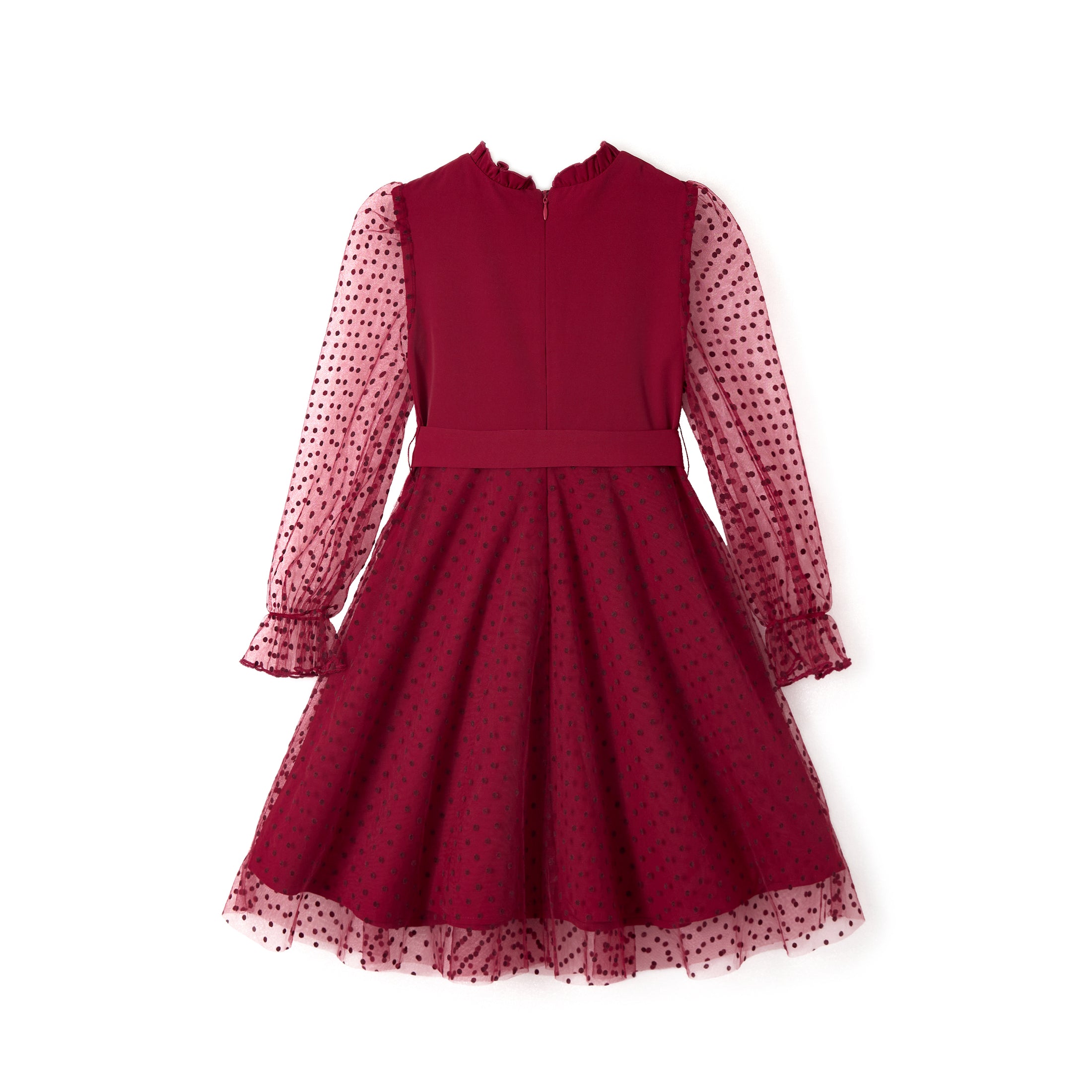 Rolanko Girls Contrast Mesh Puff Long Sleeve A-Line Dress with Belt