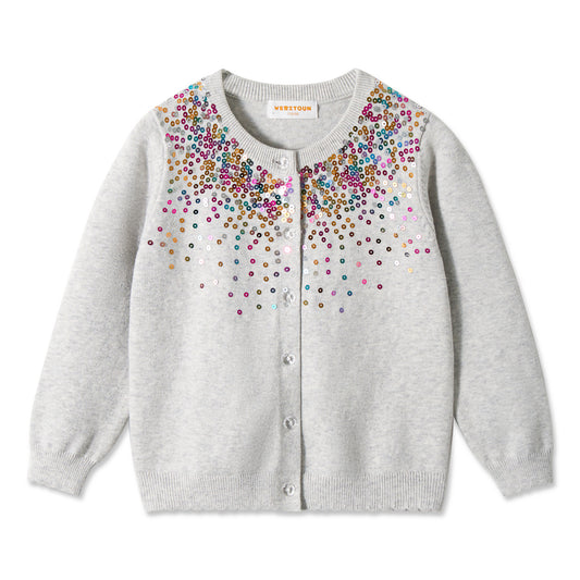 Girls Cardigan Sparkling Sequin Kids Knit Button Up Sweater Long Sleeve