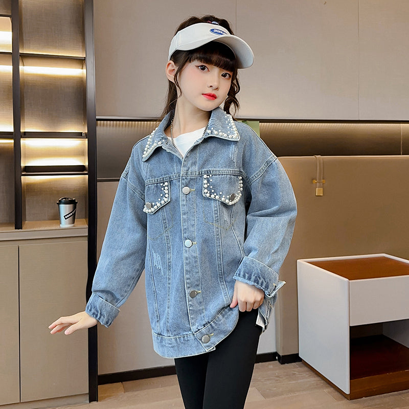 Girls Blue Pearl Denim Jacket