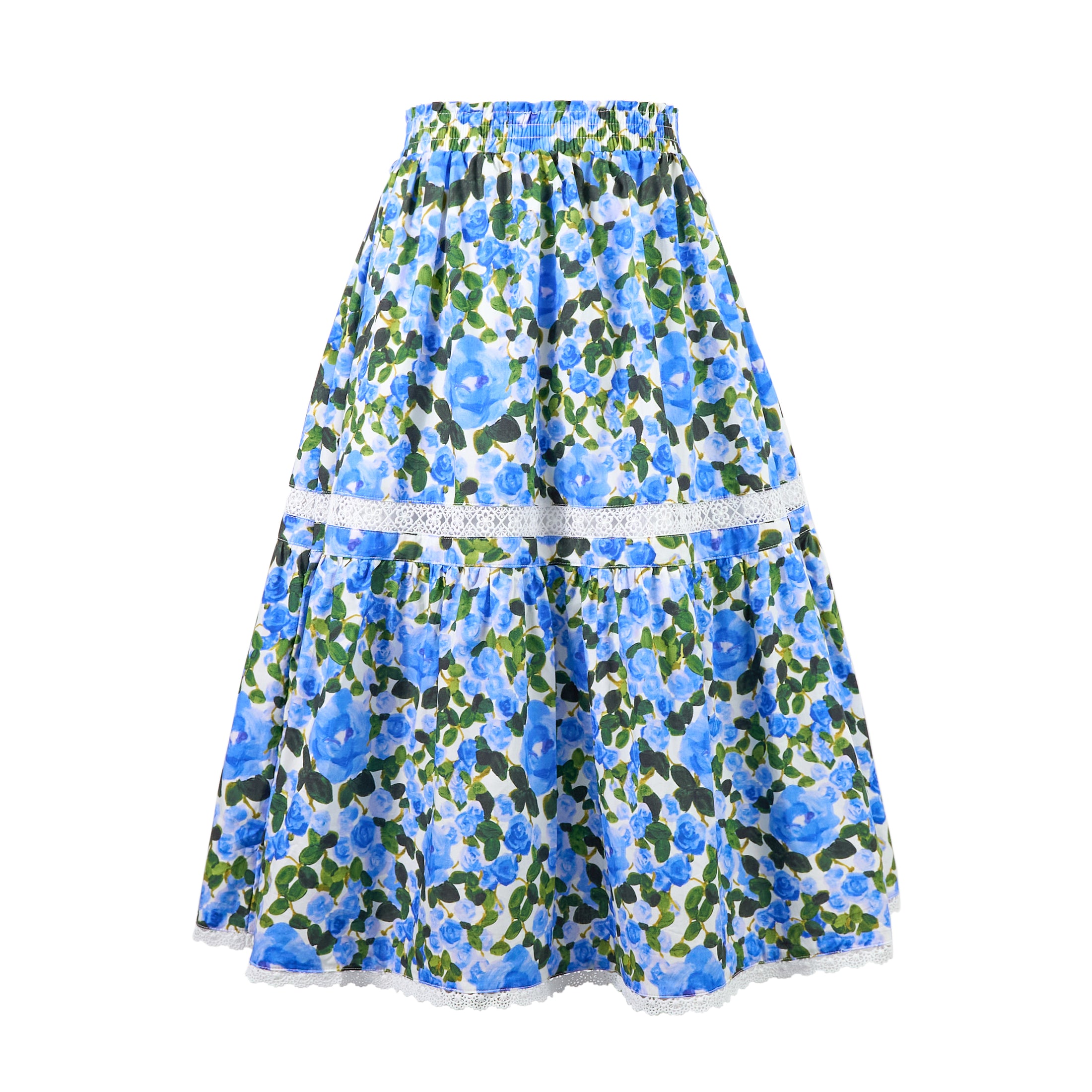 Rolanko Girls Floral Print A-Line High Waist Tiered Boho Maxi Skirt with Lace Trim