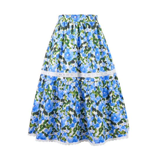 Rolanko Girls Floral Print A-Line High Waist Tiered Boho Maxi Skirt with Lace Trim