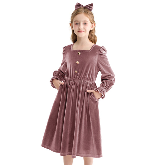 Rolanko Girls Velvet Dress Square Neck Long Sleeve Dress with Pockets