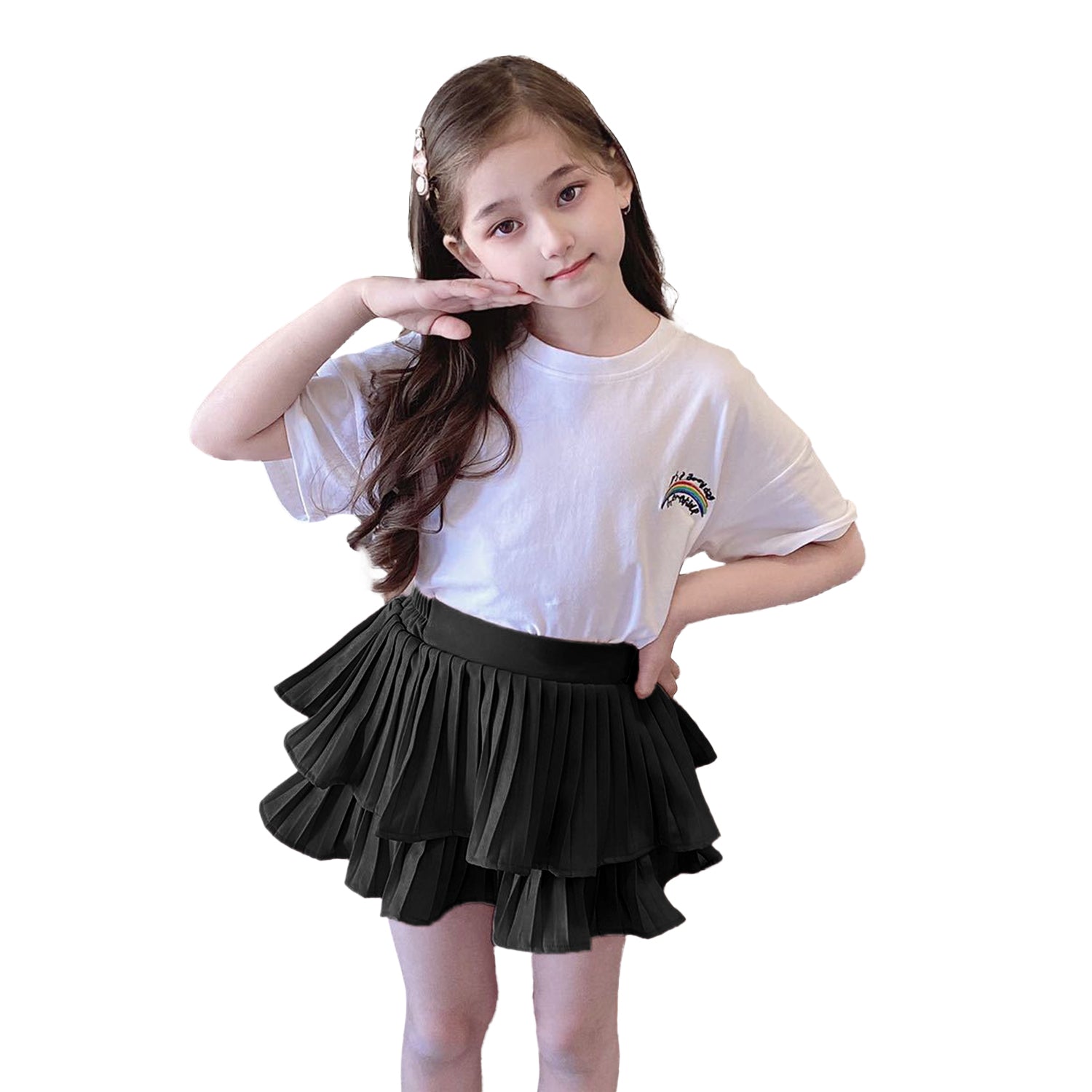 Girls 2-Layer Ruffle Mini Skirt Smocked Waist Cute Tiered Skirts with Shorts