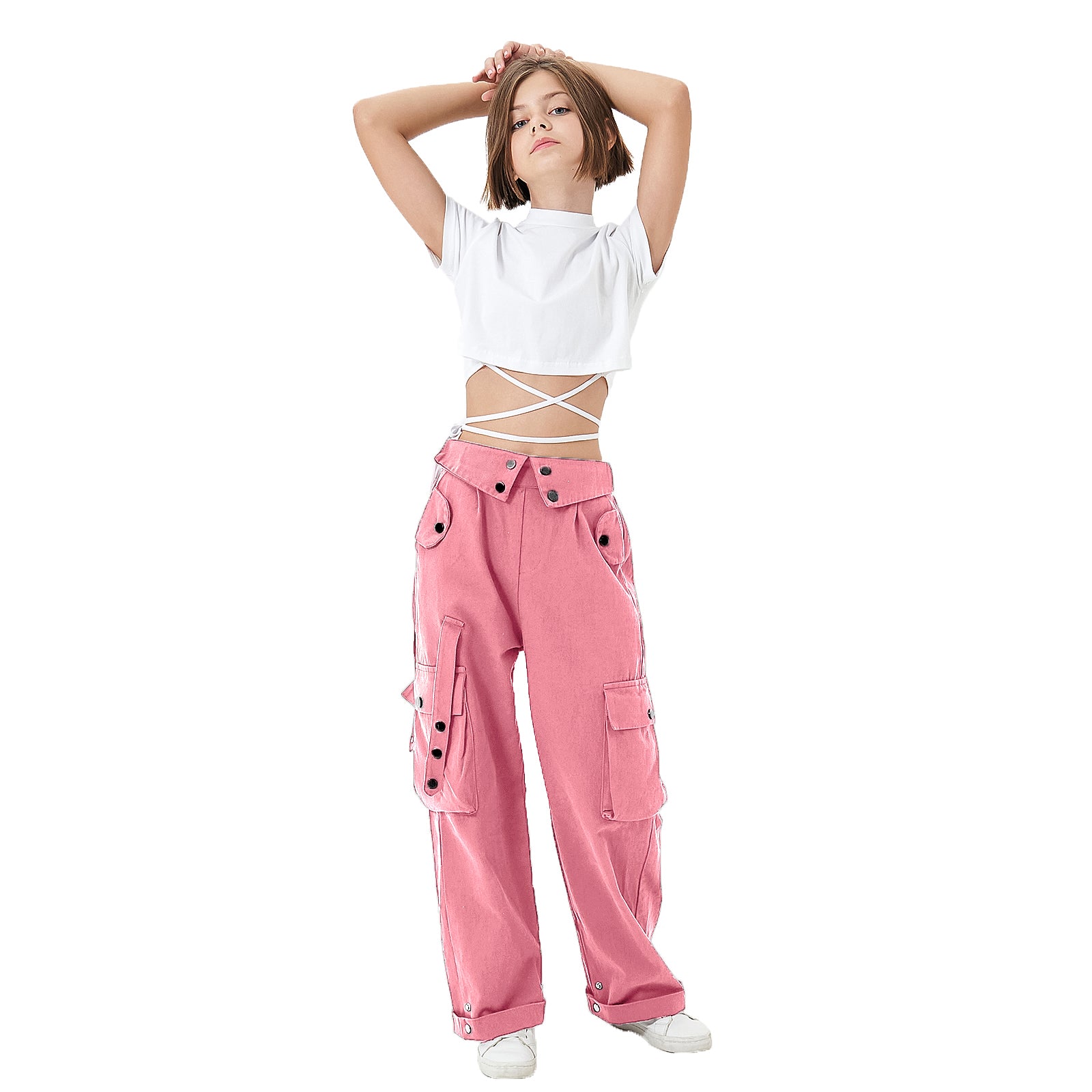 Girls Baggy Cargo High Rise Waist with Multi Pockets Wide Leg Cargos Pants