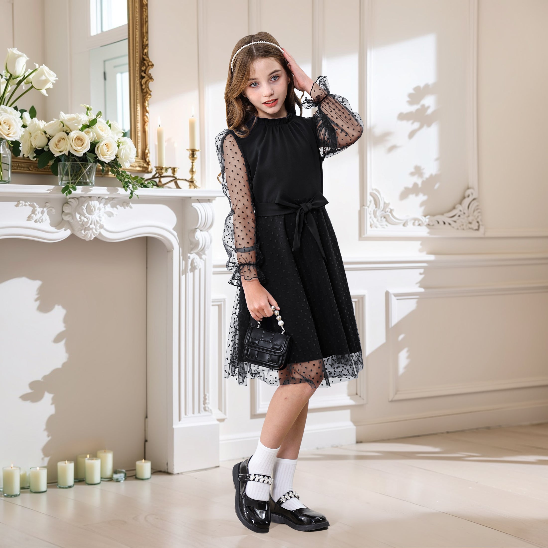 Rolanko Girls Contrast Mesh Puff Long Sleeve A-Line Dress with Belt
