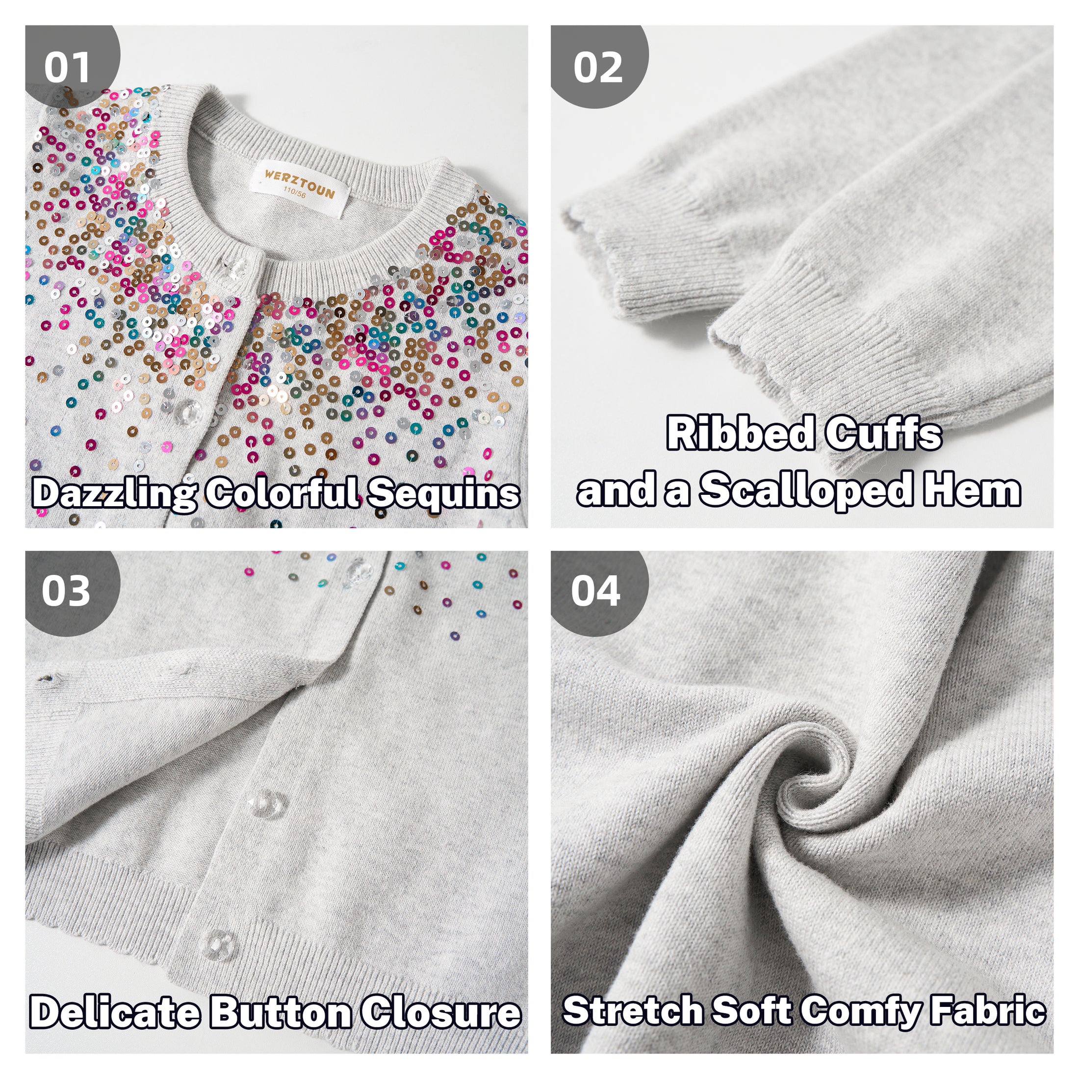 Girls Cardigan Sparkling Sequin Kids Knit Button Up Sweater Long Sleeve