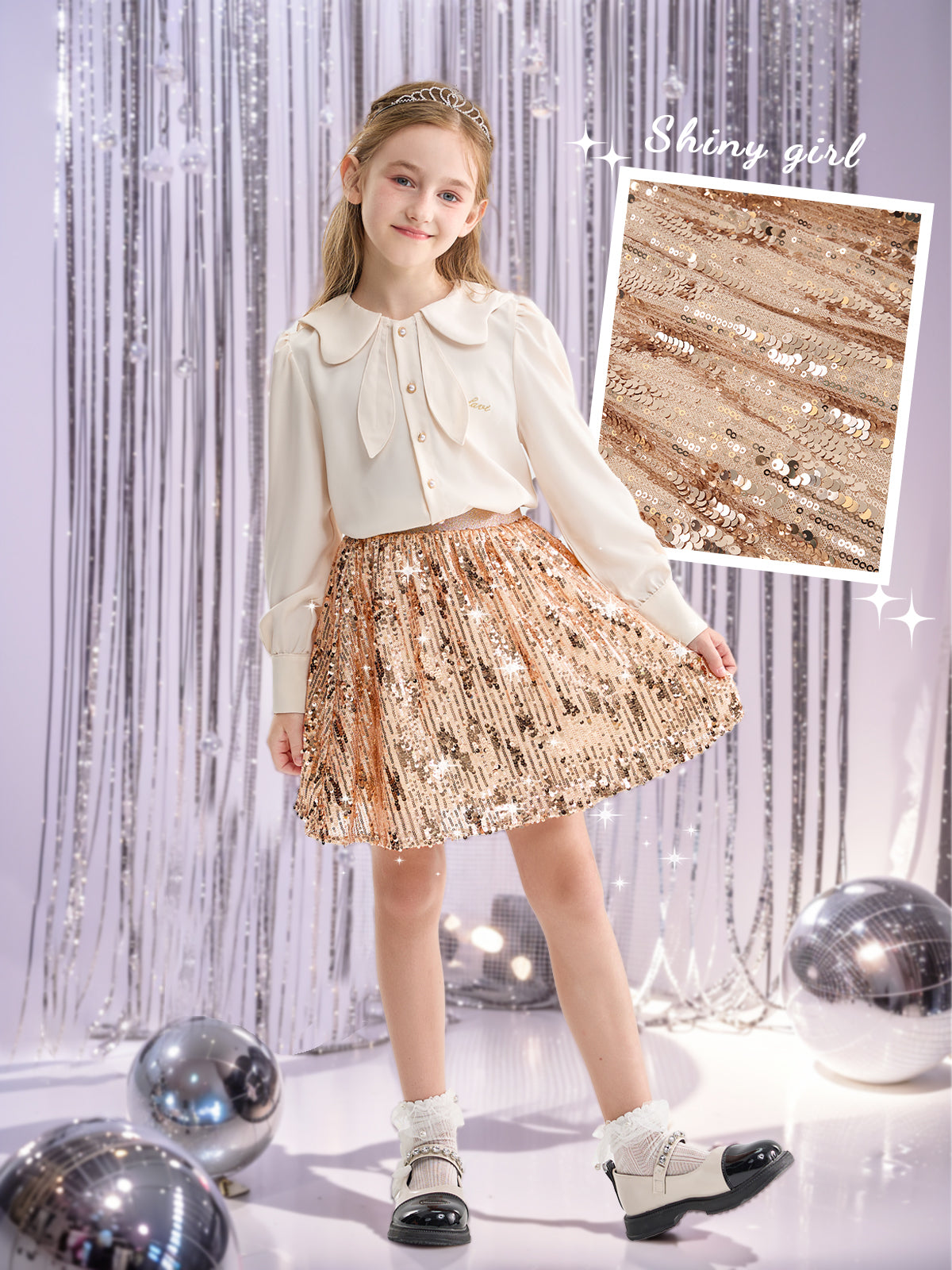 Rolanko Girls Sequin Elastic Waist Glitter Sparkly Skirt