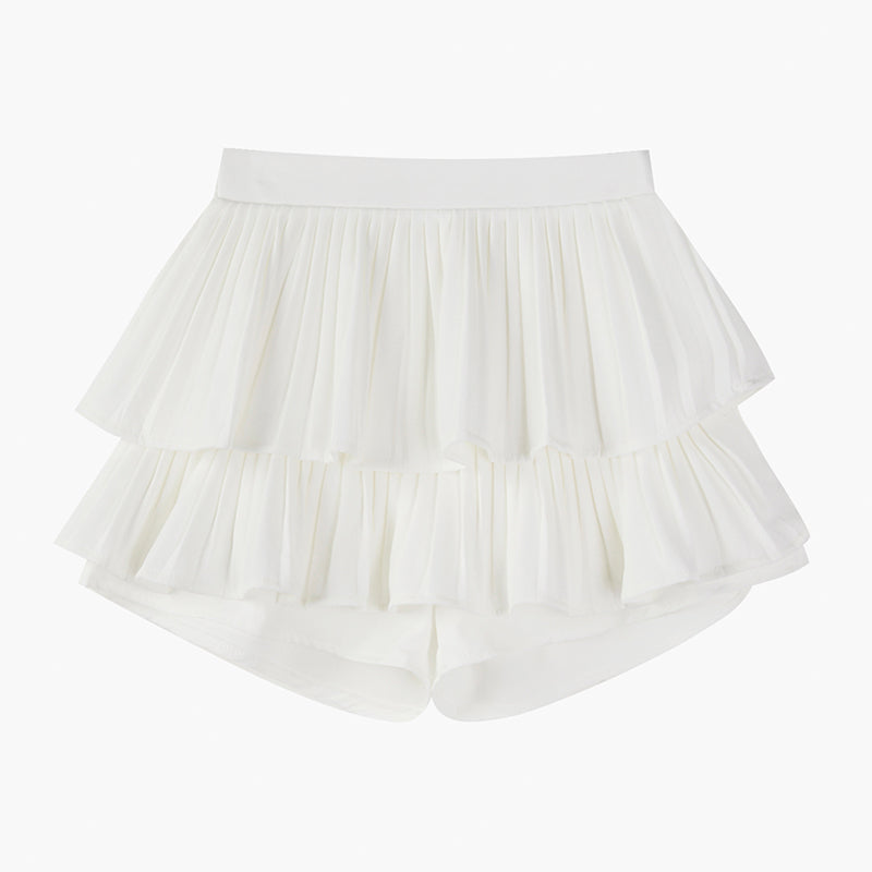 Girls 2-Layer Ruffle Mini Skirt Smocked Waist Cute Tiered Skirts with Shorts