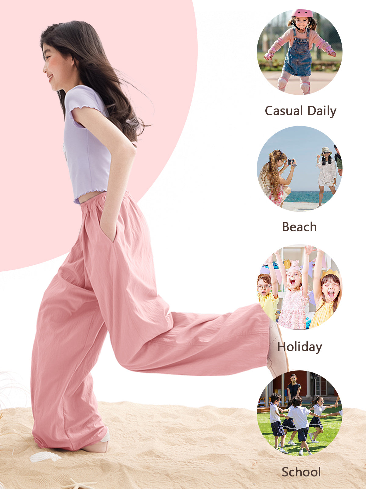 Rolanko Girls Wide Leg Pants Flowy Loose Fit Palazzo Pants for Girls Kids Linen Trousers Casual Beach