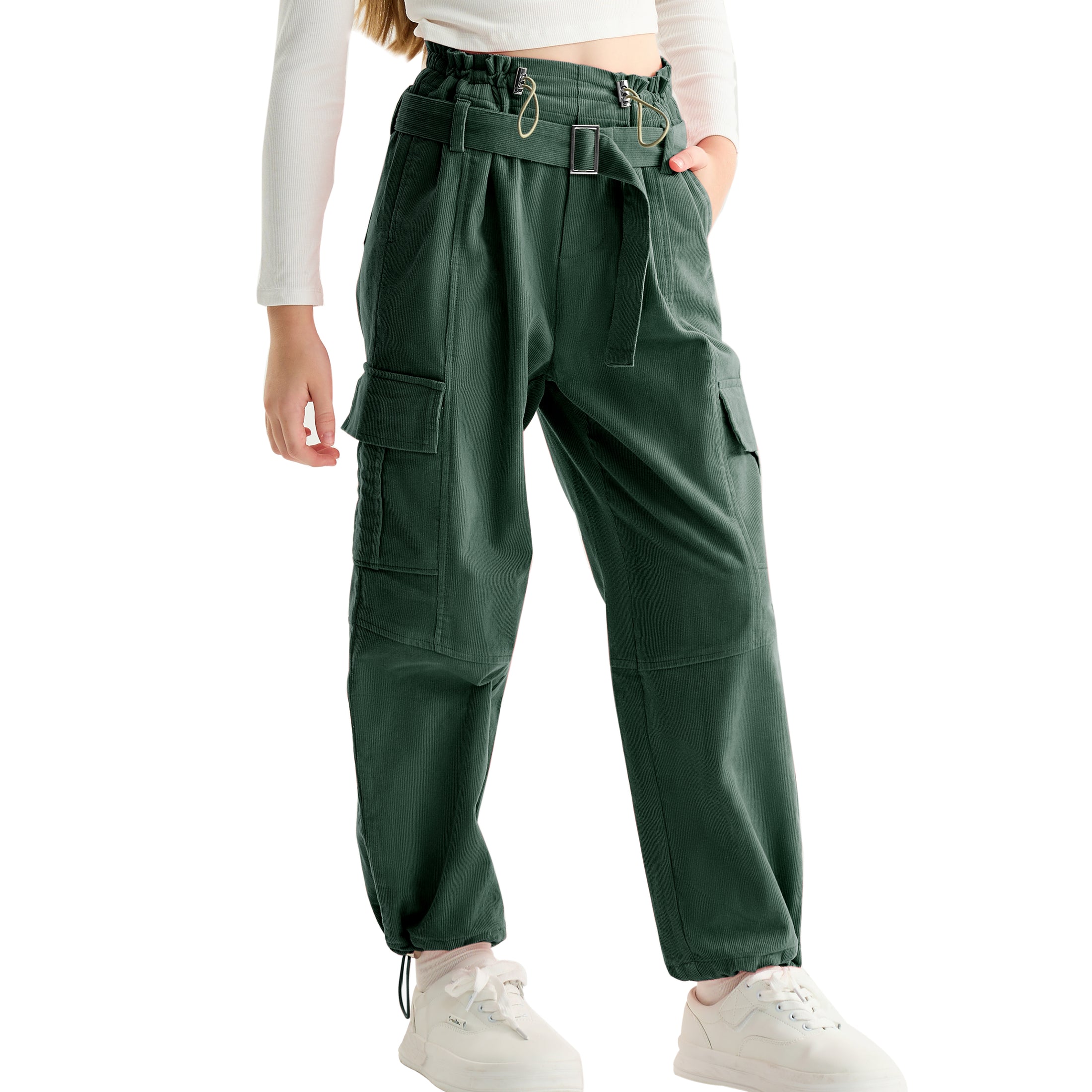 Girls Wide Leg Loose Cargo Pants with Belt