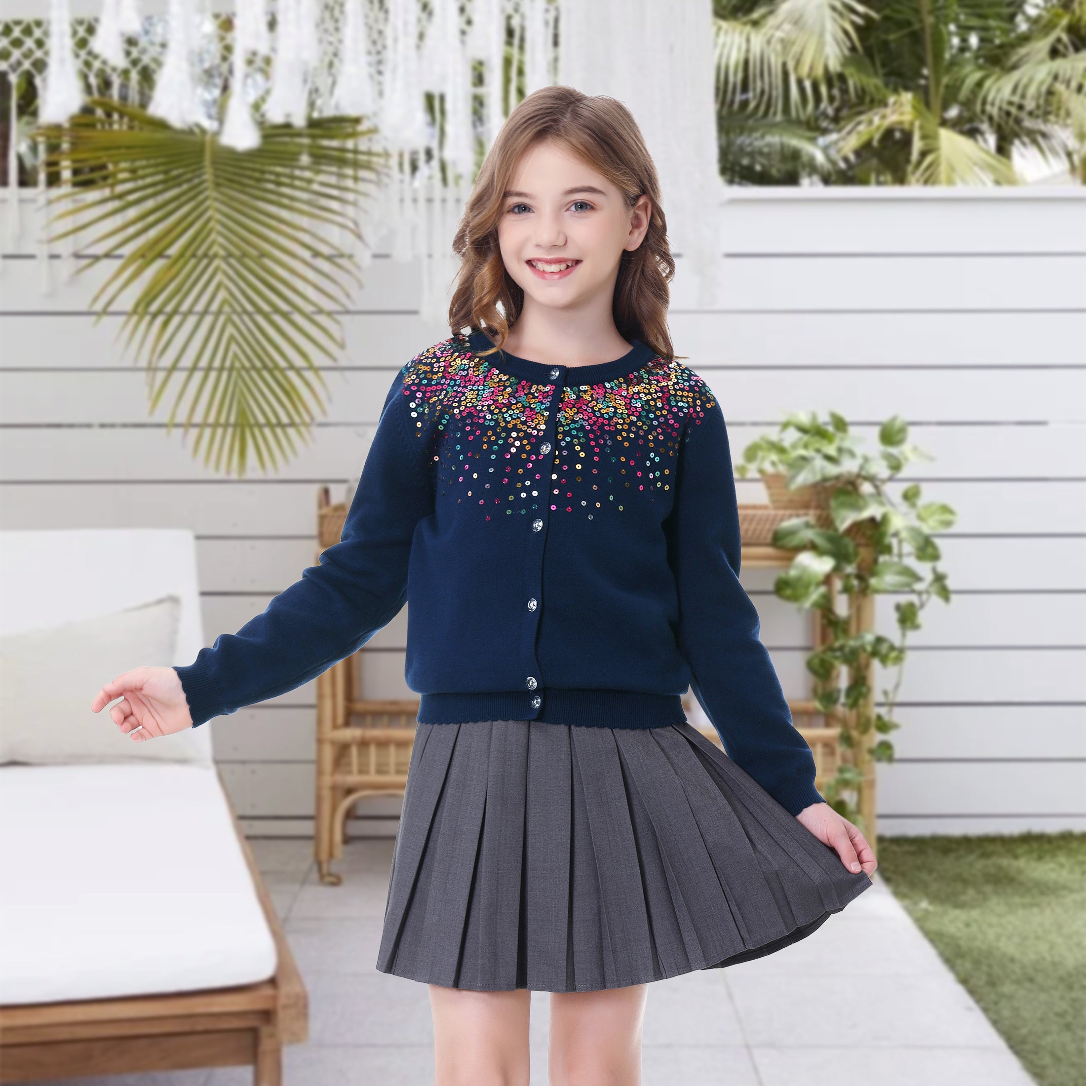 Girls Cardigan Sparkling Sequin Kids Knit Button Up Sweater Long Sleeve