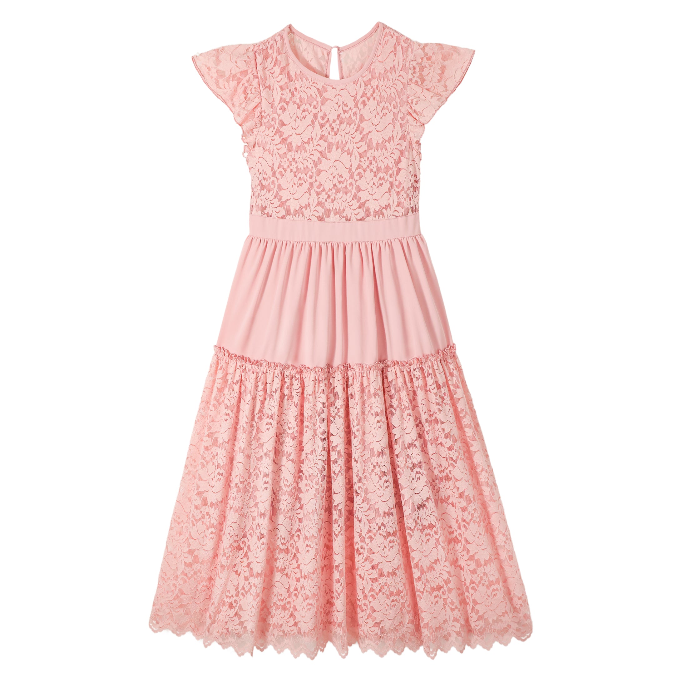 Rolanko Girls Boho Lace Ruffle Sleeve Tiered Flower Maxi Dress with Lining