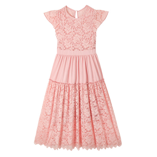 Rolanko Girls Boho Lace Ruffle Sleeve Tiered Flower Maxi Dress with Lining