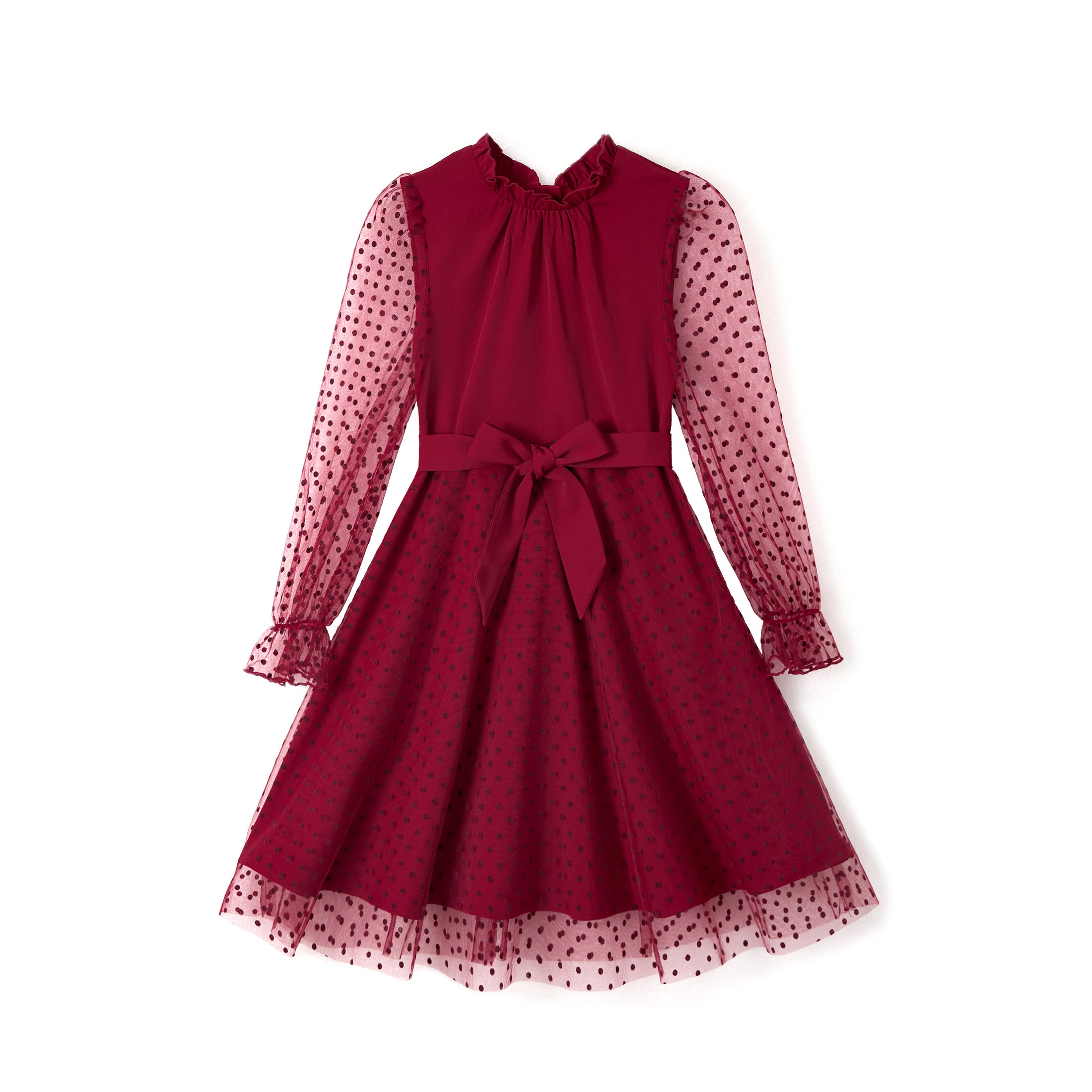 Rolanko Girls Contrast Mesh Puff Long Sleeve A-Line Dress with Belt