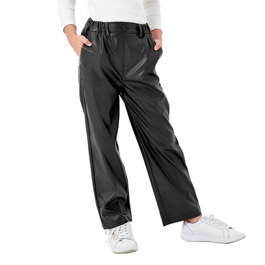 Pantaloni da ragazza in ecopelle Pantaloni dritti streetwear a gamba larga con tasche 