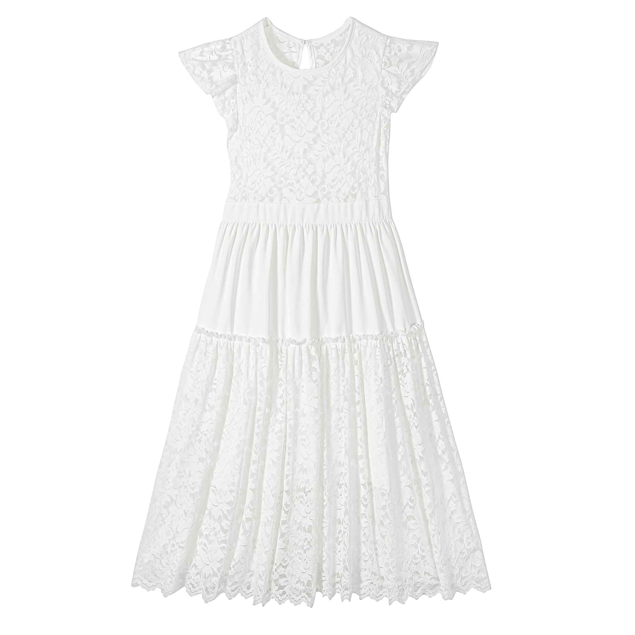 Rolanko Girls Boho Lace Ruffle Sleeve Tiered Flower Maxi Dress with Lining