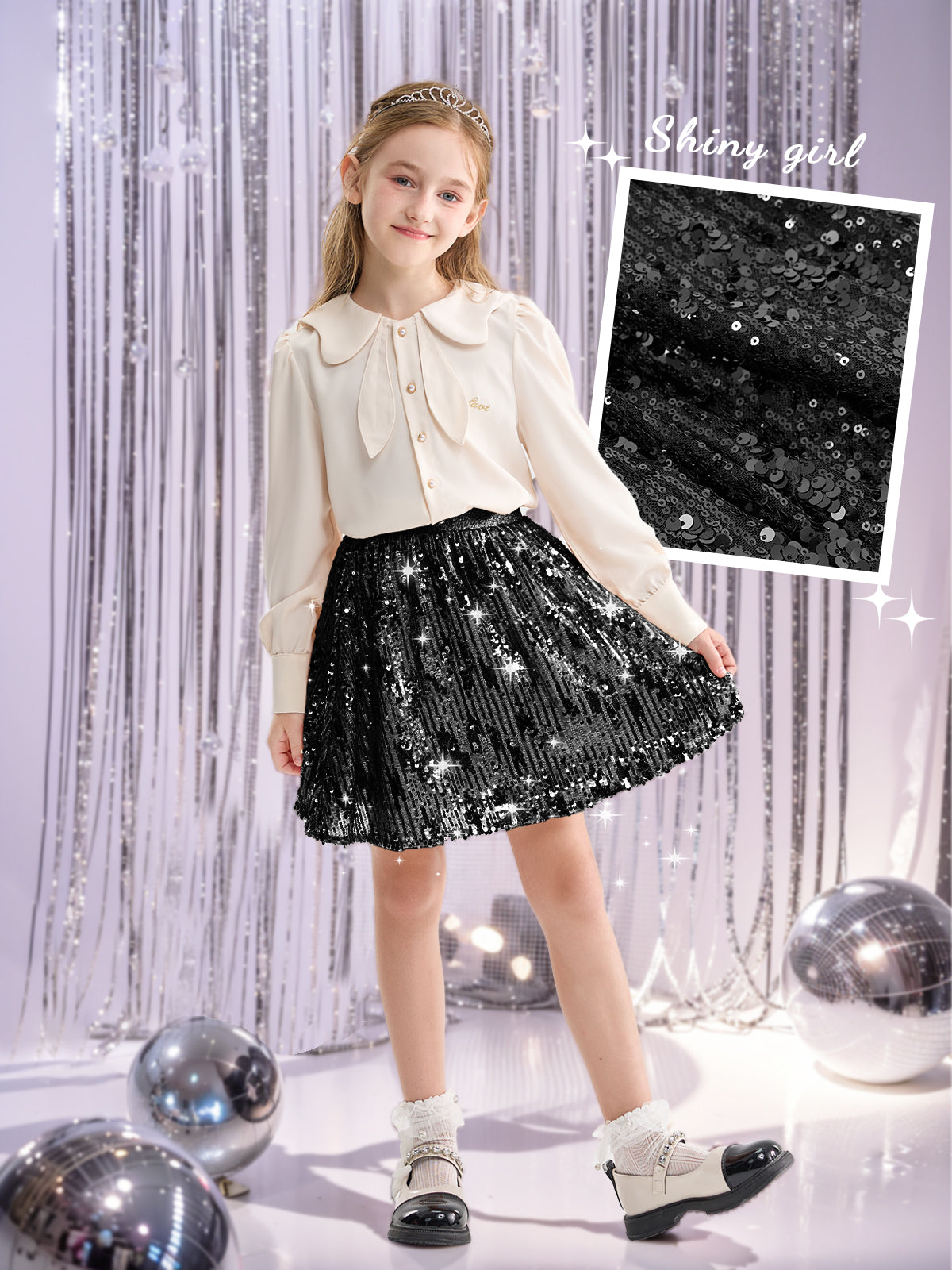 Rolanko Girls Sequin Elastic Waist Glitter Sparkly Skirt