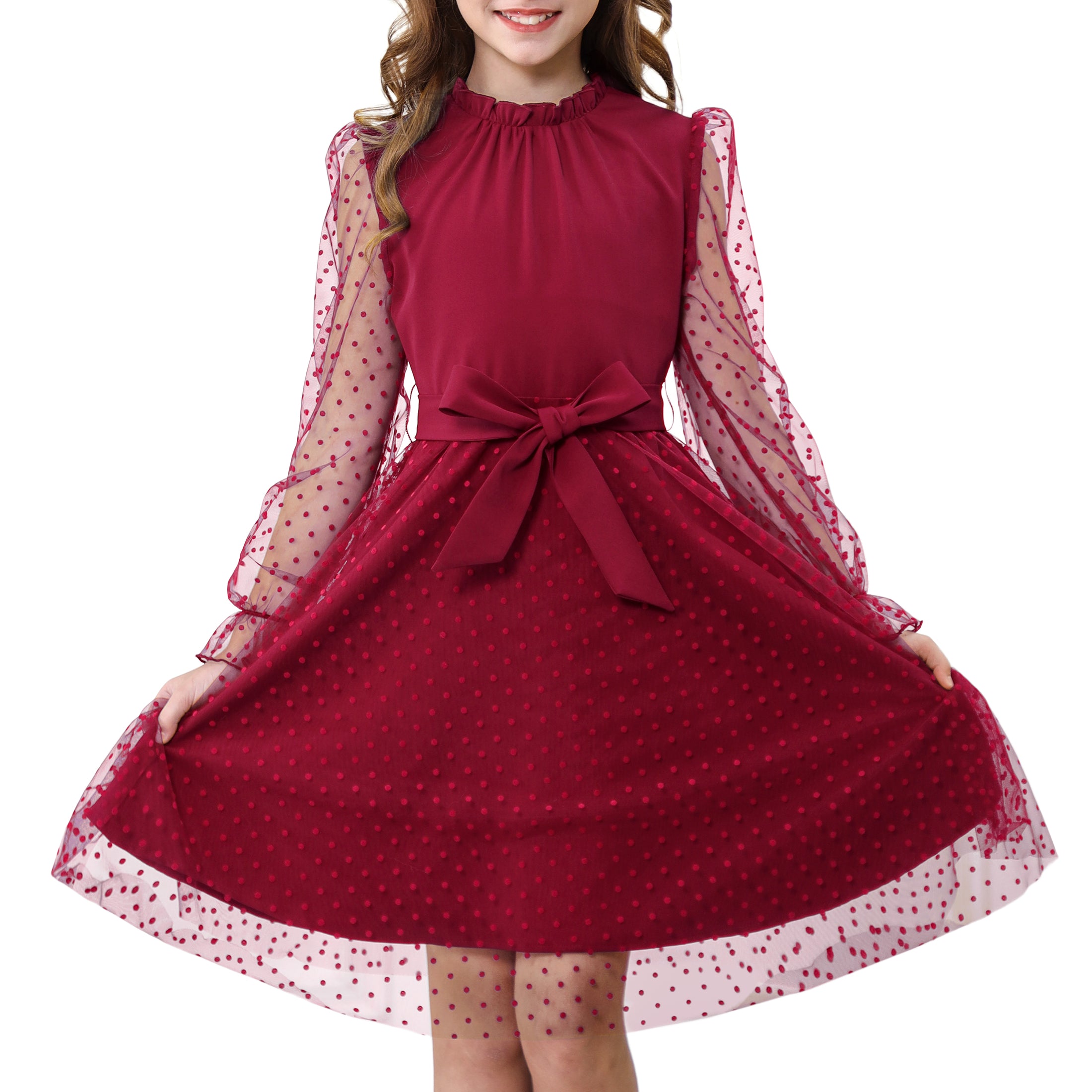 Rolanko Girls Contrast Mesh Puff Long Sleeve A-Line Dress with Belt