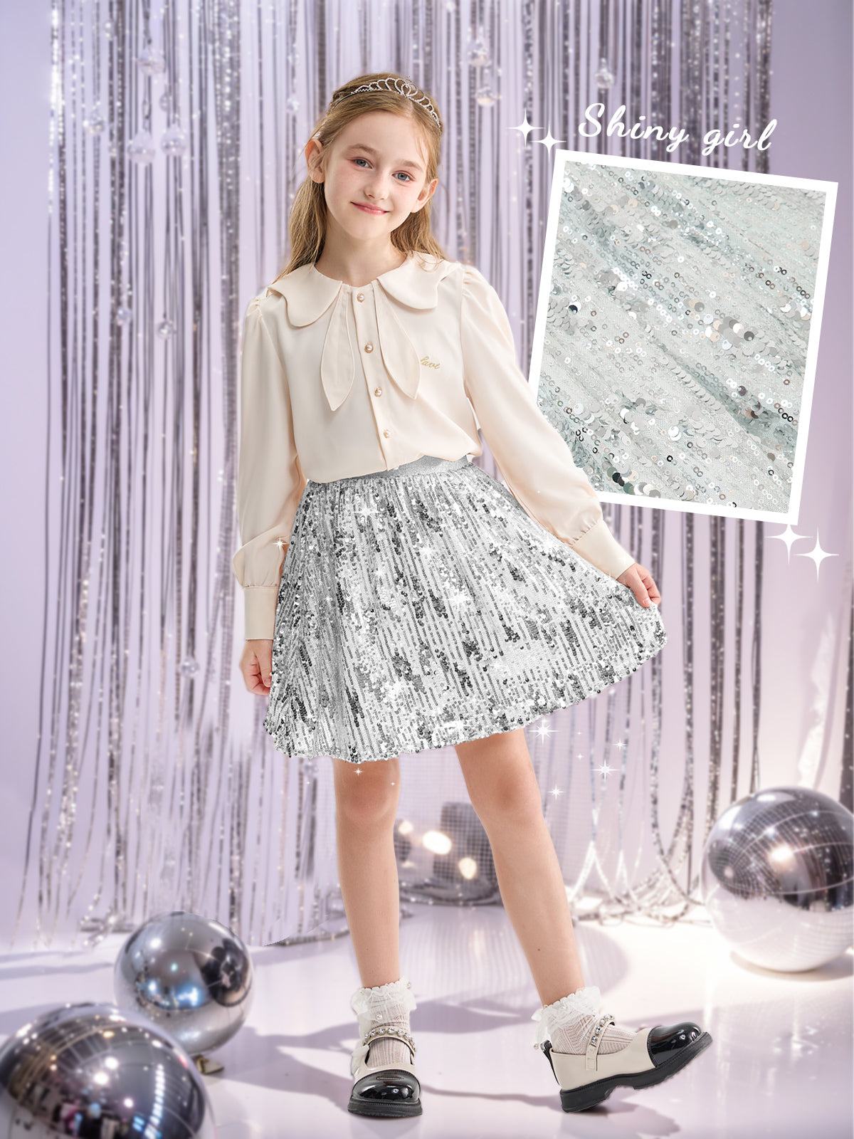 Rolanko Girls Sequin Elastic Waist Glitter Sparkly Skirt