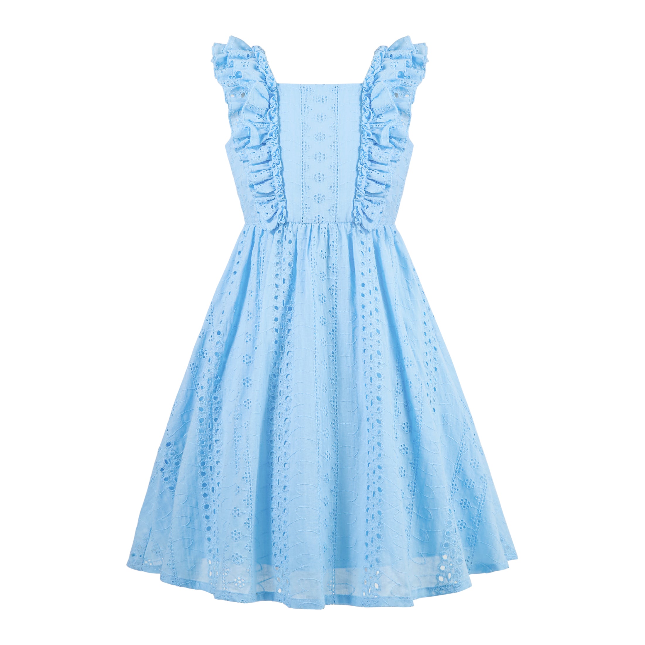 Rolanko Girls Ruffle Sleeve Square Neck Hollow Out Eyelet A Line Beach Vacation dress