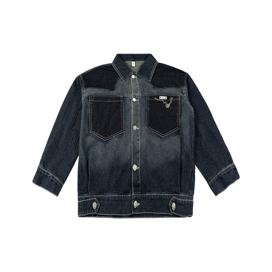 Girls Navy Blue Block Spliced Denim Jacket