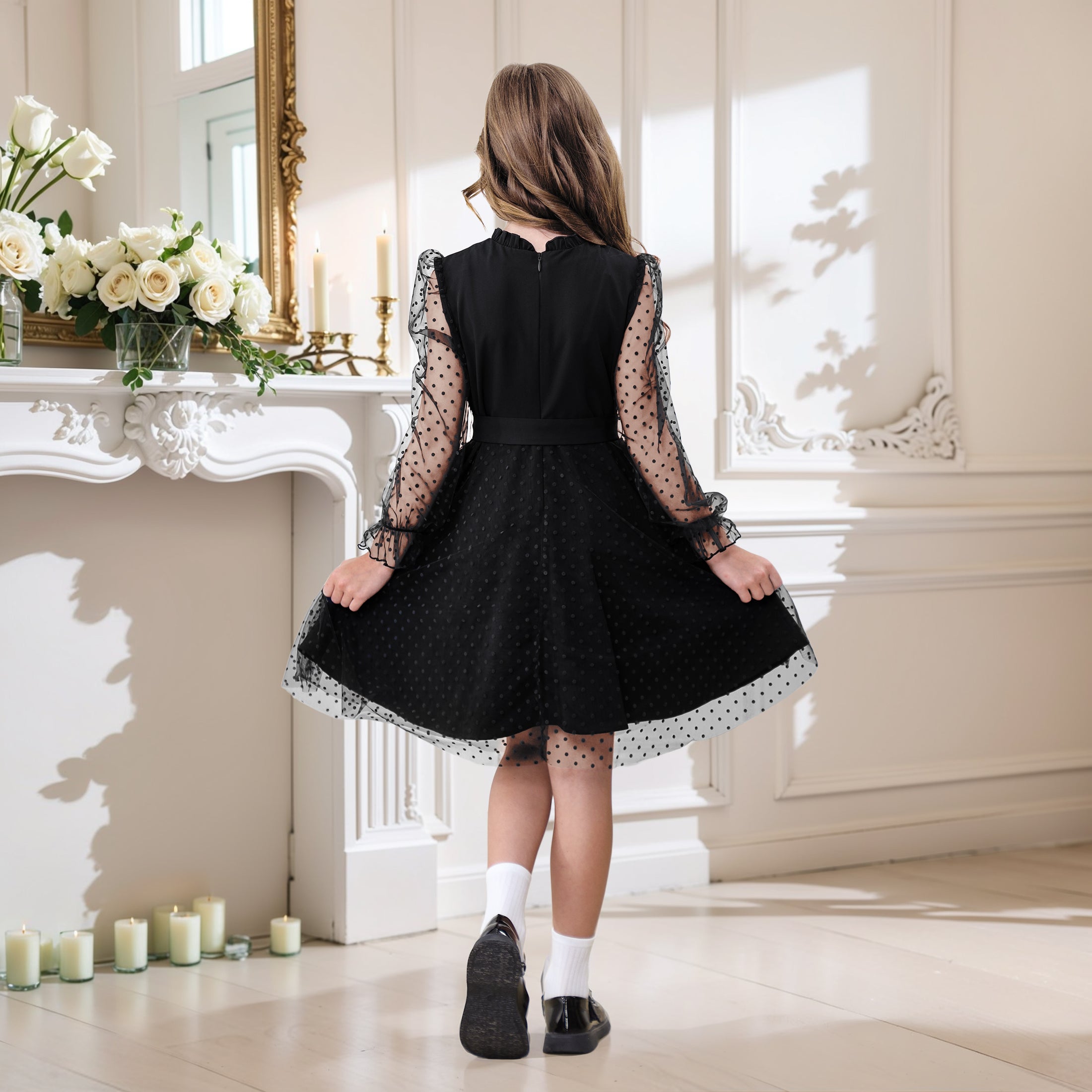 Rolanko Girls Contrast Mesh Puff Long Sleeve A-Line Dress with Belt