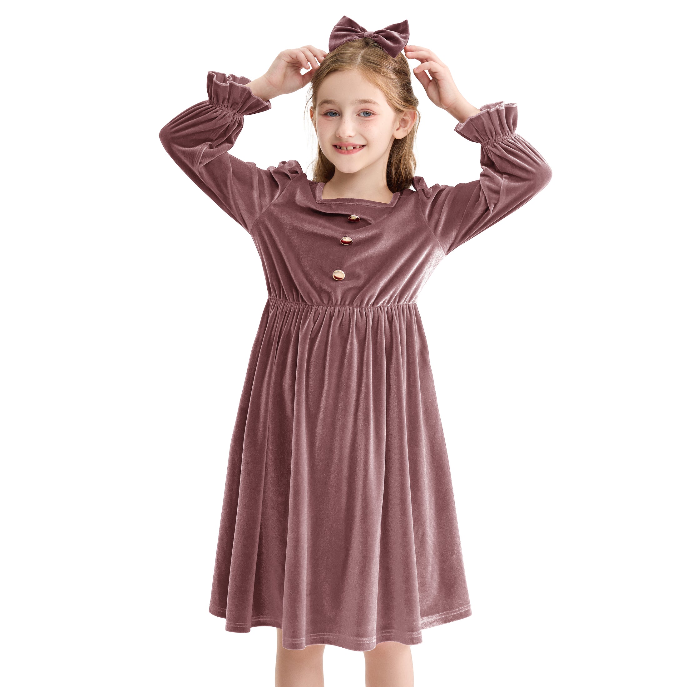 Rolanko Girls Velvet Dress Square Neck Long Sleeve Dress with Pockets