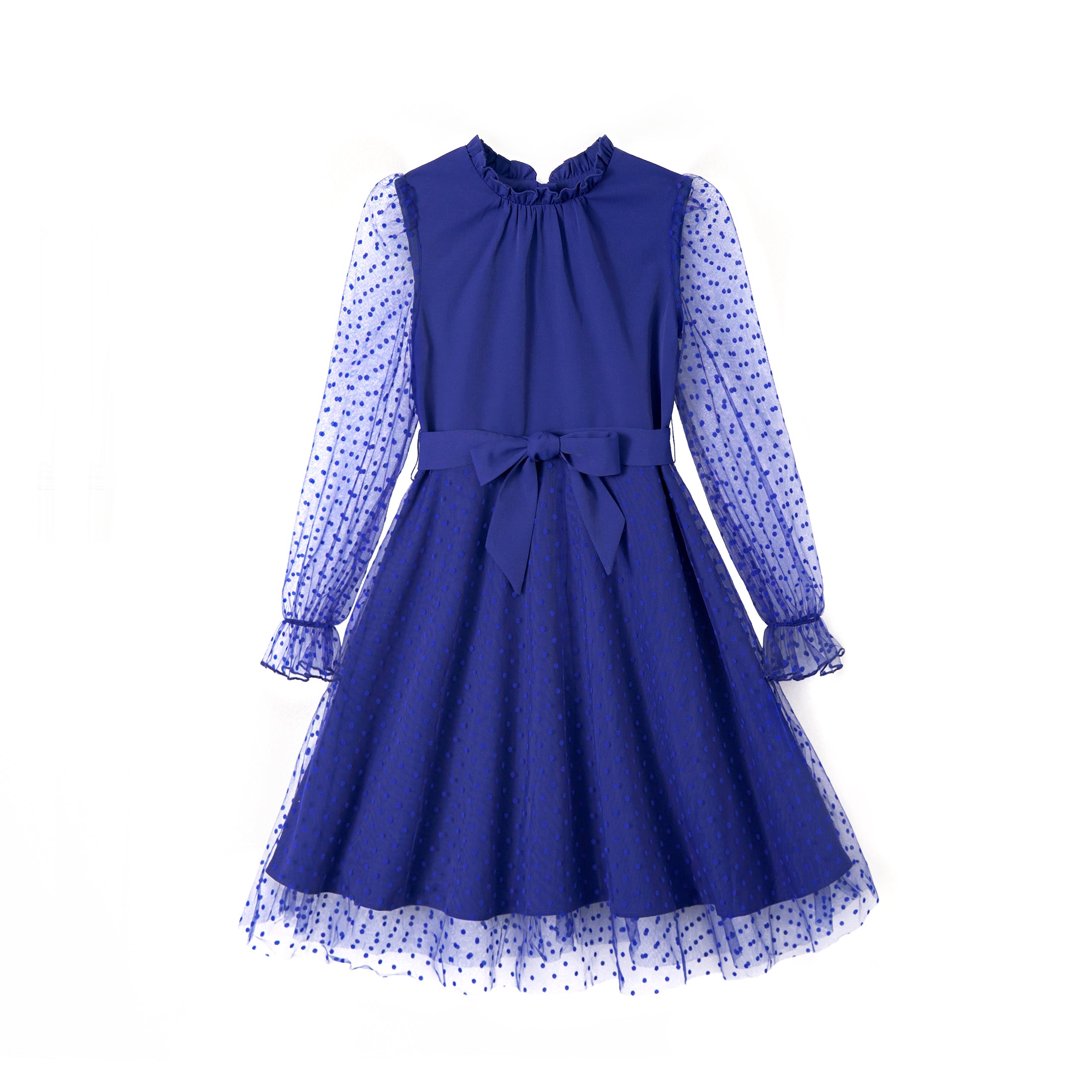 Rolanko Girls Contrast Mesh Puff Long Sleeve A-Line Dress with Belt