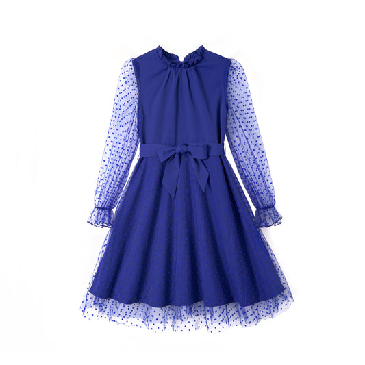 Rolanko Girls Contrast Mesh Puff Long Sleeve A-Line Dress with Belt