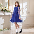 Load image into Gallery viewer, Rolanko Girls Contrast Mesh Puff Long Sleeve A-Line Dress with Belt
