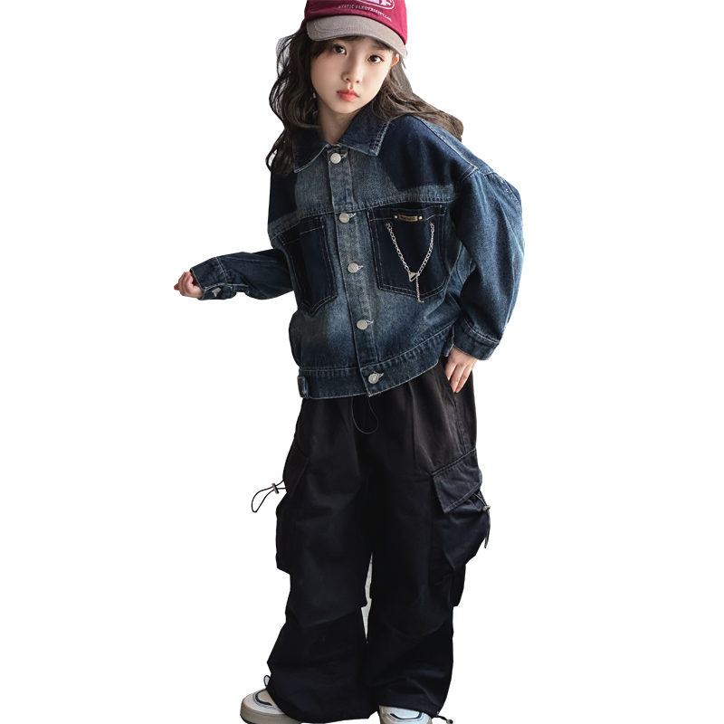 Girls Navy Blue Block Spliced Denim Jacket