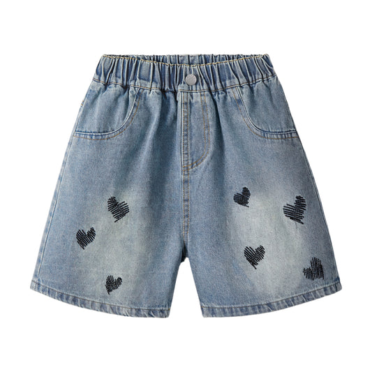Rolanko Girls Elastic Waist Jean Shorts Wide Leg Baggy Denim Shorts