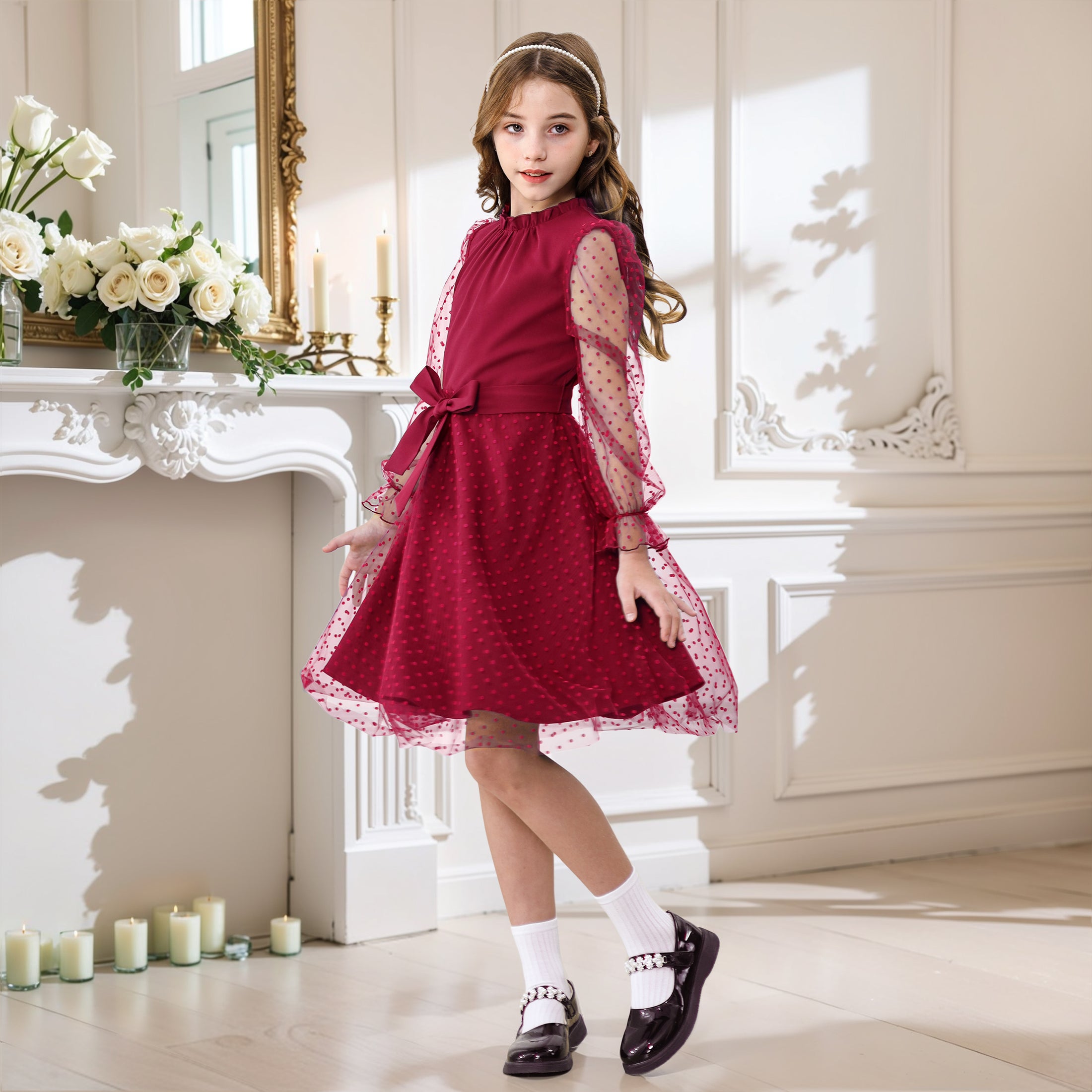 Rolanko Girls Contrast Mesh Puff Long Sleeve A-Line Dress with Belt