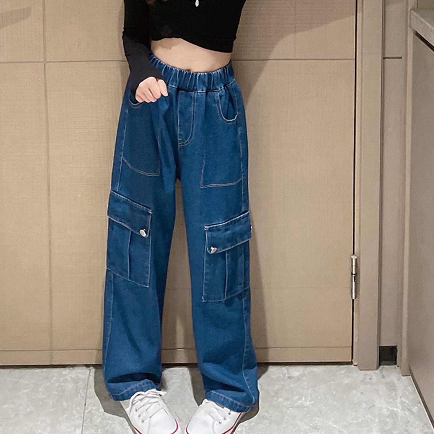 Girls Blue Denim Baggy Cargo Pants