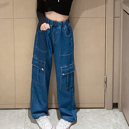 Pantaloni cargo in denim blu scuro da bambina