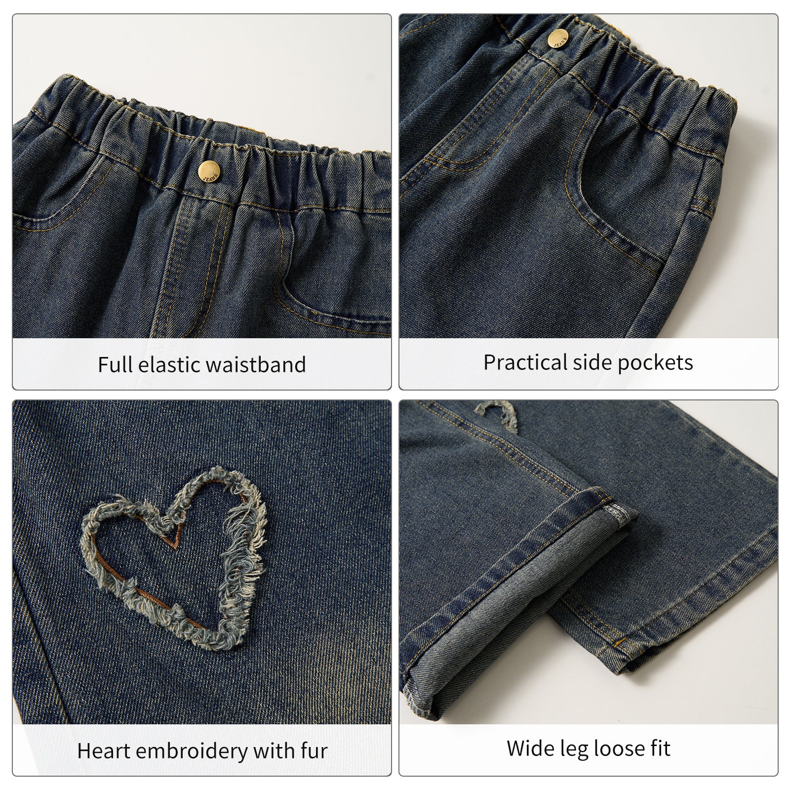 Girls Navy Raw Hemmed Heart Jeans