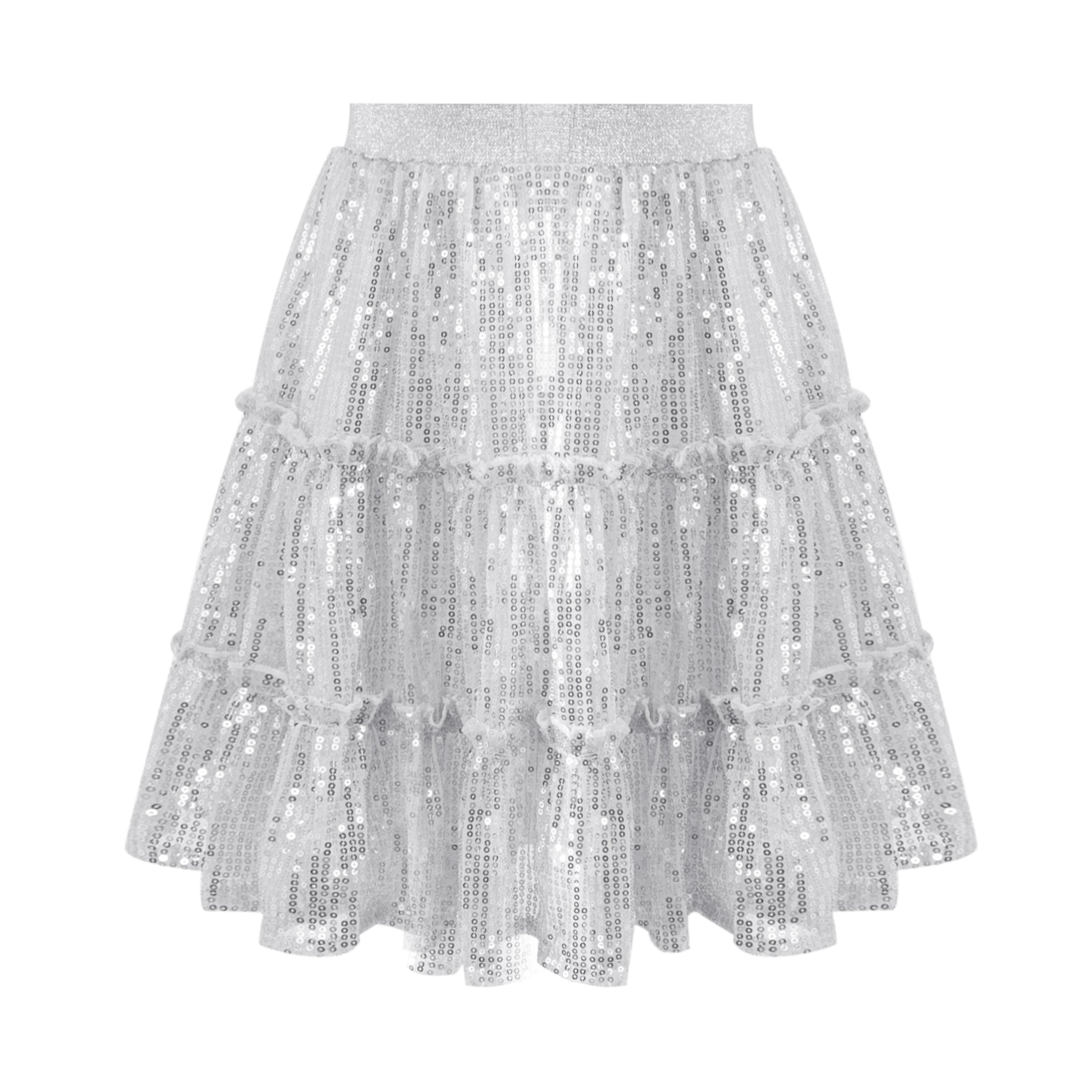 Rolanko Girls Sequin Sparkly Elastic Waist Summer Pleated Tulle Flowy Ruffle Skirts